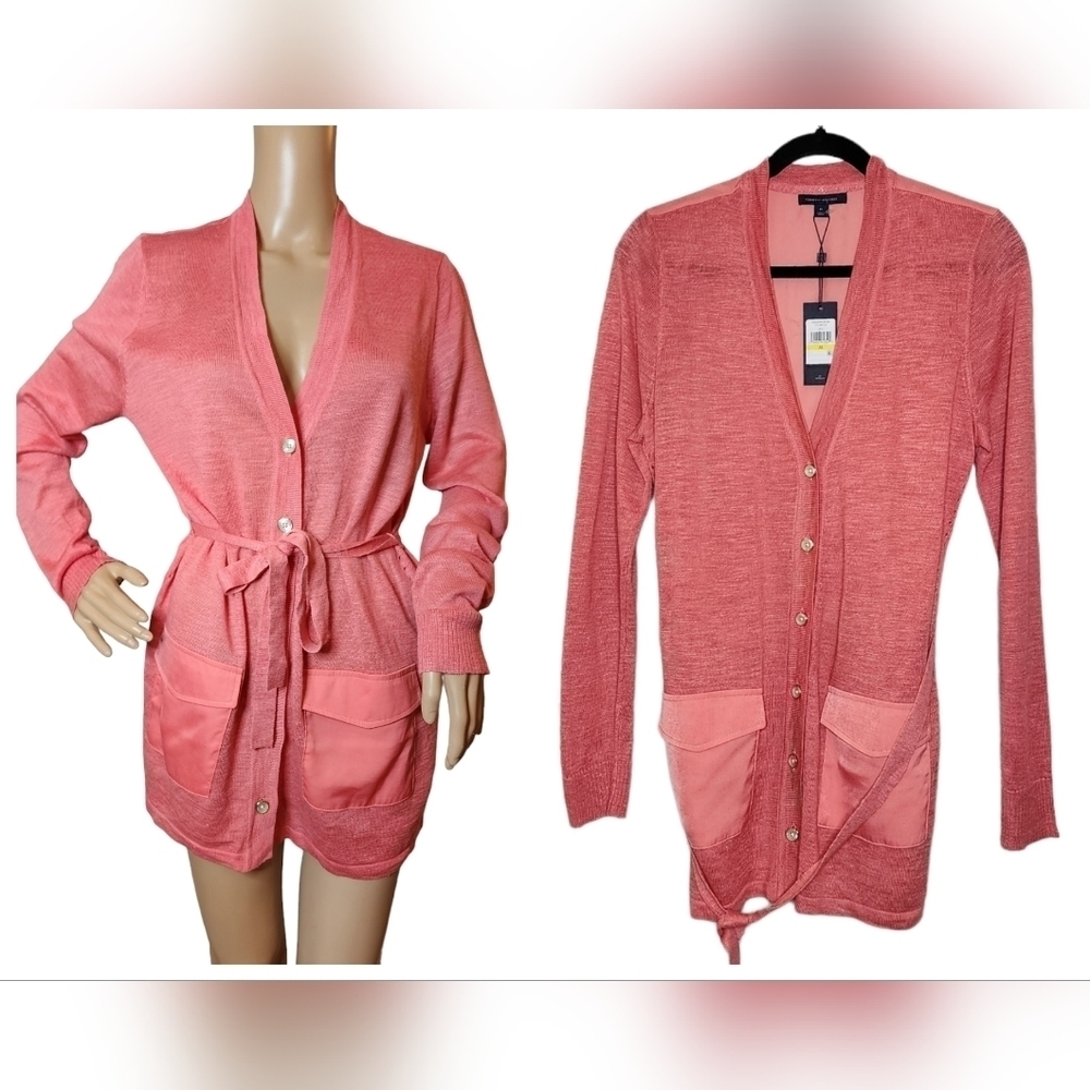 NWT Tommy Hilfiger Coral Pink Mixed Media Ramie/Rayon belted cardigan. Size M.